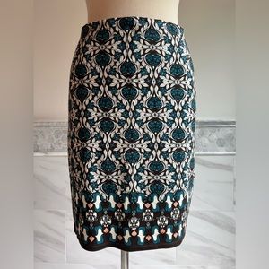 Sophie Max Floral Print Torques Brown White Stretch Skirt Sz M